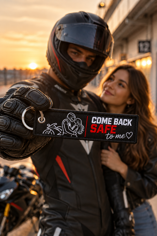 Guardian "Come Back Safe To Me" Motosikletli Nakışlı Anahtarlık | Sevgiliye Hediye Motorcu Anahtarlığı